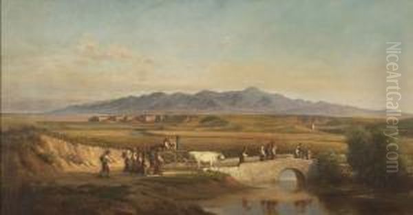 Italian Landscape Withfigures Crossing A Bridge - view 1