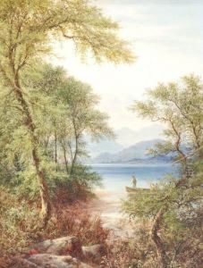 Figures In A Rowing Boat By A Wooded Shore