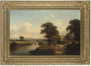 Attributed To Walter Heath Williams 
 A River Landscape With Children Gathering Faggots, With A Church And Harvesters Beyond