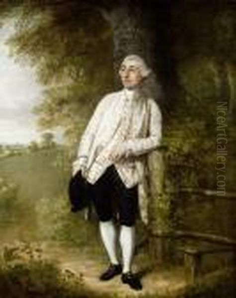 Portrait Of A Gentleman, Full-length, In A White Coat And Embroidered Waistcoat, Holding A Black Hat, Standing Before A Landscape - view 1