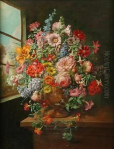 Still Life Of Summer Flowers In An Urn On A Ledge Still Life Of Summer Flowers In An Urn On A Ledge