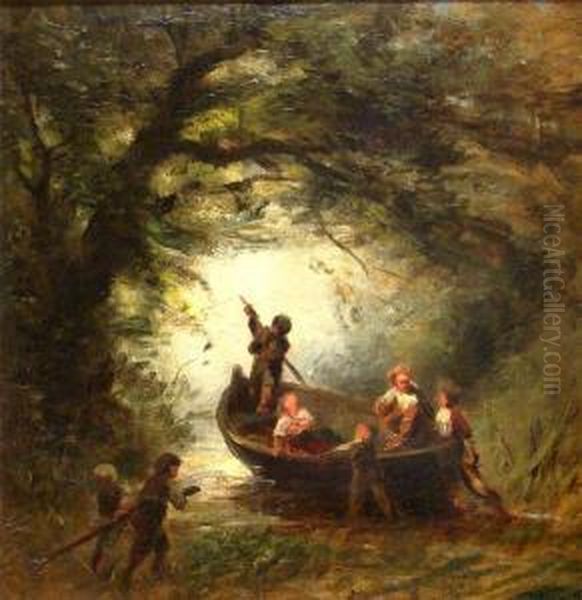 Bewaldeter Flusslauf Mit Kindern, Beim Ablegen Ihres Ruderbootes - view 1