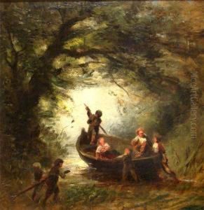 Bewaldeter Flusslauf Mit Kindern, Beim Ablegen Ihres Ruderbootes by Winck Willibald