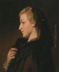 Profilportrait Einer Jungen Frau Mit Schwarzem Spitzentuch Und Maske In Der Hand by Caesar Willich