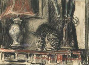 Cat Sitting In Front Of A Window; Cat On Atable by John Alonzo Williiams
