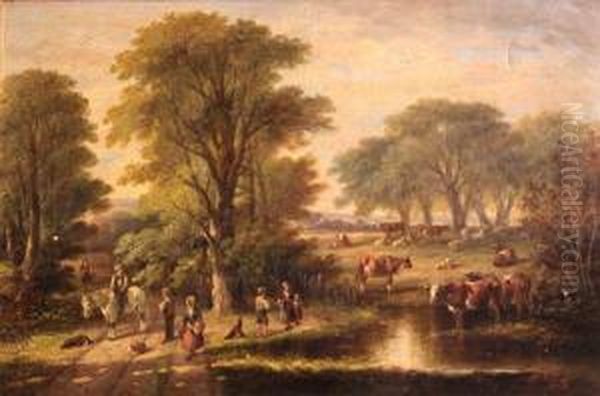 A Rural Landscape With Cattle Watering And Figures Along A Track - view 1