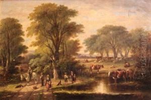 A Rural Landscape With Cattle Watering And Figures Along A Track by A.V. Willis