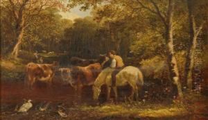 Horse And Rider And Cattle At A Forest Stream by Edmund Aylburton Willis