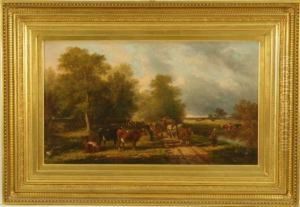 Roadside Landscape With Cattle In A Meadow And Numerous Figures Near A Hay Wagon