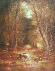 Cows On A Sunlit Wooded Path by Edmund Aylburton Willis