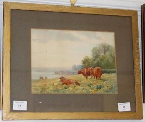 Cattle In A Cliff Top Meadow by Henry Brittan Willis, R.W.S.