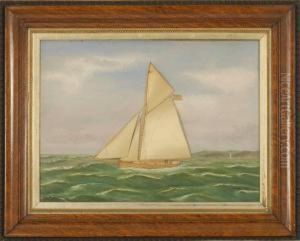 A Yacht Off The Coast, Depicting A Yacht With An American Flag Off A Lighthouse Set Against A Subtle Luminous Sky