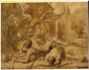 A Group Of Men Attacked By A Dragon by Michael Leopold Willmann