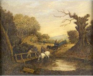 "crossing The Brook," Oil On Panel (framed). Signed And Titled. 8 1/2" X 10 1/4" by William Willoughby