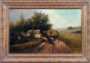 Country Road Landscape With Horsedrawn Wagon