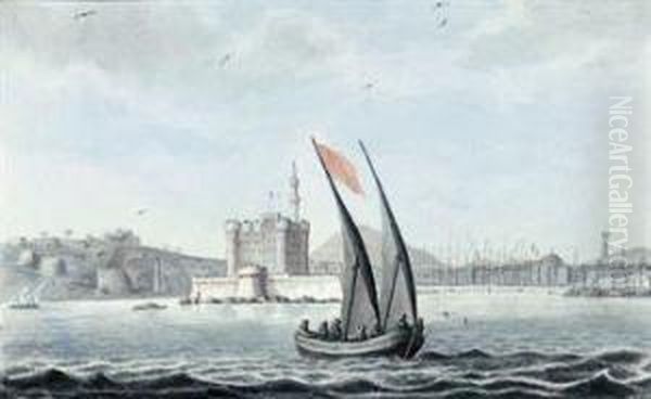 The Castle At The Entrance To The New Harbour Of Alexandria Bearings.e. 65., Near The Castle To The Left Is The Ancient Obelisk Knownby The Name Of Cleopatra's Needle, On The Right Is A Distant Viewof Pompey's Pillar - Taken On Board The - view 1