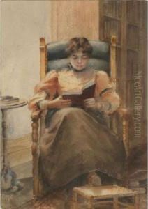 Portrait Of A Young Girl Reading In The Library by Alta Elizabeth Wilmot