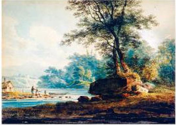 Figures By A River With A Castle And Mountains Beyond - view 1
