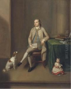 Portrait Of Sir William Gleadowe Newcomen And The Honourable Thomasnewcomen, Small Full-length, Sir William Holding A Letter, His Dogby His Side, The Honourable Thomas Tearing Up A Letter by Benjamin Wilson