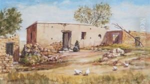 A Woman Seated Outside A Ramshackle Cottage With Hens In The Foreground by John Jock Wilson