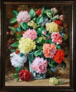 Carnations And Roses Arranged In A Glass Vase by John Jock Wilson