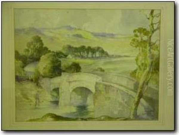 Stone Bridge With Fisherman And Distant Moors - view 1