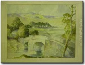 Stone Bridge With Fisherman And Distant Moors by John Jock Wilson