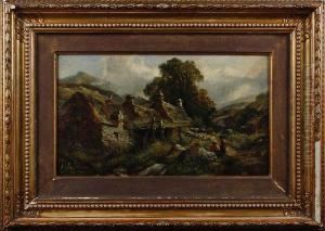 Crofters Cottage With Figures Outside by John J. Wilson