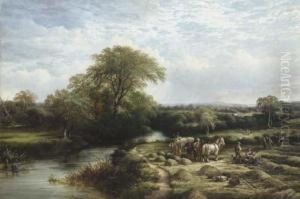 Peasants Working In A Field By A River