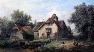 Watermill With Ducks And Children Fishing & Cottage Garden by John James Wilson