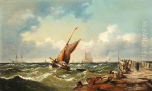 Shipping With Figures On A Wooden Jetty