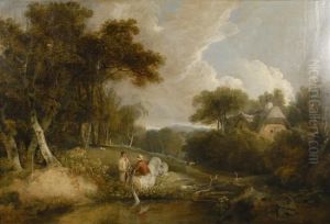Figures In A Landscape With Cottage by Richard Wilson