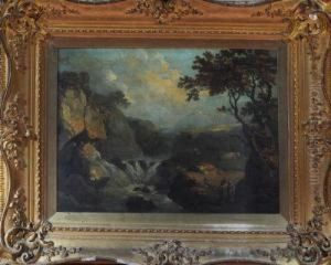 A Cascading River With Two Figures On A Path At The Water's Edge A Cascading River With Two Figures On A Path At The Water's Edge