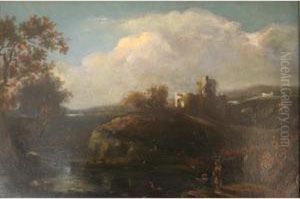Two Figures Fishing By A Country Pool, Ruins Beyond Two Figures Fishing By A Country Pool, Ruins Beyond