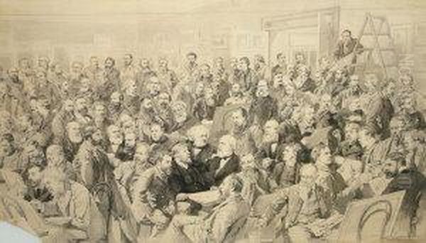 Group Portrait, Possibly Depicting The Royal Watercolour Society; Pen, Black Ink And Watercolour In Monochrome, Original Artwork For Illustration, Signed, 50.5x82cm. Note: There Appears To Be Several Notable Figures Amongst The Numerous Portraits, Bearing - view 1