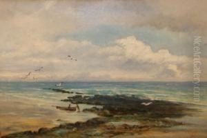 Coastal Scene With Figures And Fishing Boat by William Wilson