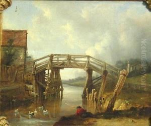 A River Landscape With A Figure Fishing Near A Bridge by William Wilson