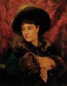 Portrait Of A Lady, Half-length, In An Ermine-lined Jacket And Aplumed Hat by William Heath Wilson