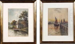 A Boat By A Watermill And A Fishing Smack Leaving Harbour by Joseph Wilton