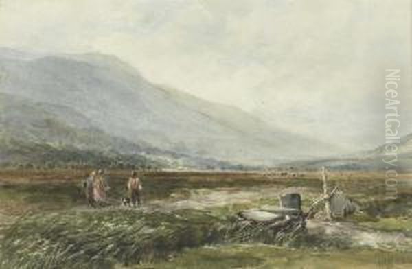 Travellers On A Track In An Extensive Mountainous Landscape - view 1