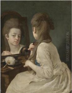 An Interior With A Young Lady At Her Toilet, Combing Her Hair Before A Mirror by Chrysostomus J. Winck