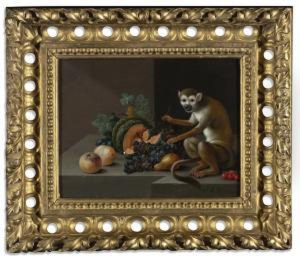 Still Life With A Melon, Peaches, Plums, Grapes, Cherries, A Pear And A Monkey On A Stone Ledge - view 1