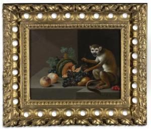 Still Life With A Melon, Peaches, Plums, Grapes, Cherries, A Pear And A Monkey On A Stone Ledge by Johann Amandus Winck