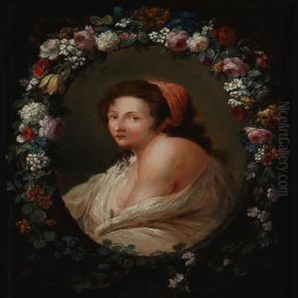 Portrait Of A Woman In An Oval Flower Medallion - view 1