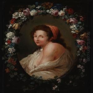 Portrait Of A Woman In An Oval Flower Medallion by Johann Amandus Winck
