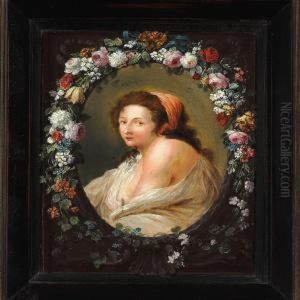 Portrait Of A Woman In An Oval Medallion Surrounded By A Flower Wreath
