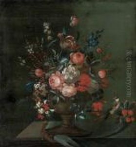 Roses, Chrysanthemums, Convolvulus, A Parrot Tulip And Other Flowers In An Urn