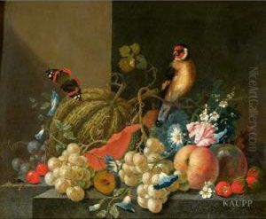 Uppiges Allegorisches Stillleben Mit Reifen Kurbissen,trauben Und Auf Ihren Ranken Thronendem Stieglitz by Johann Amandus Winck