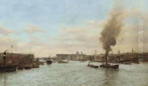 Below London Bridge, Looking Upstream, Old Billingsgate Fish Marketon The Right by F.A. Winkfield