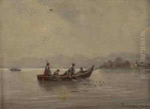 Fischerboot Am Chiemsee Mit Blick Auf Die Fraueninsel Und Das Nonnenkloster Mit Kirchturm by Karl Winkler